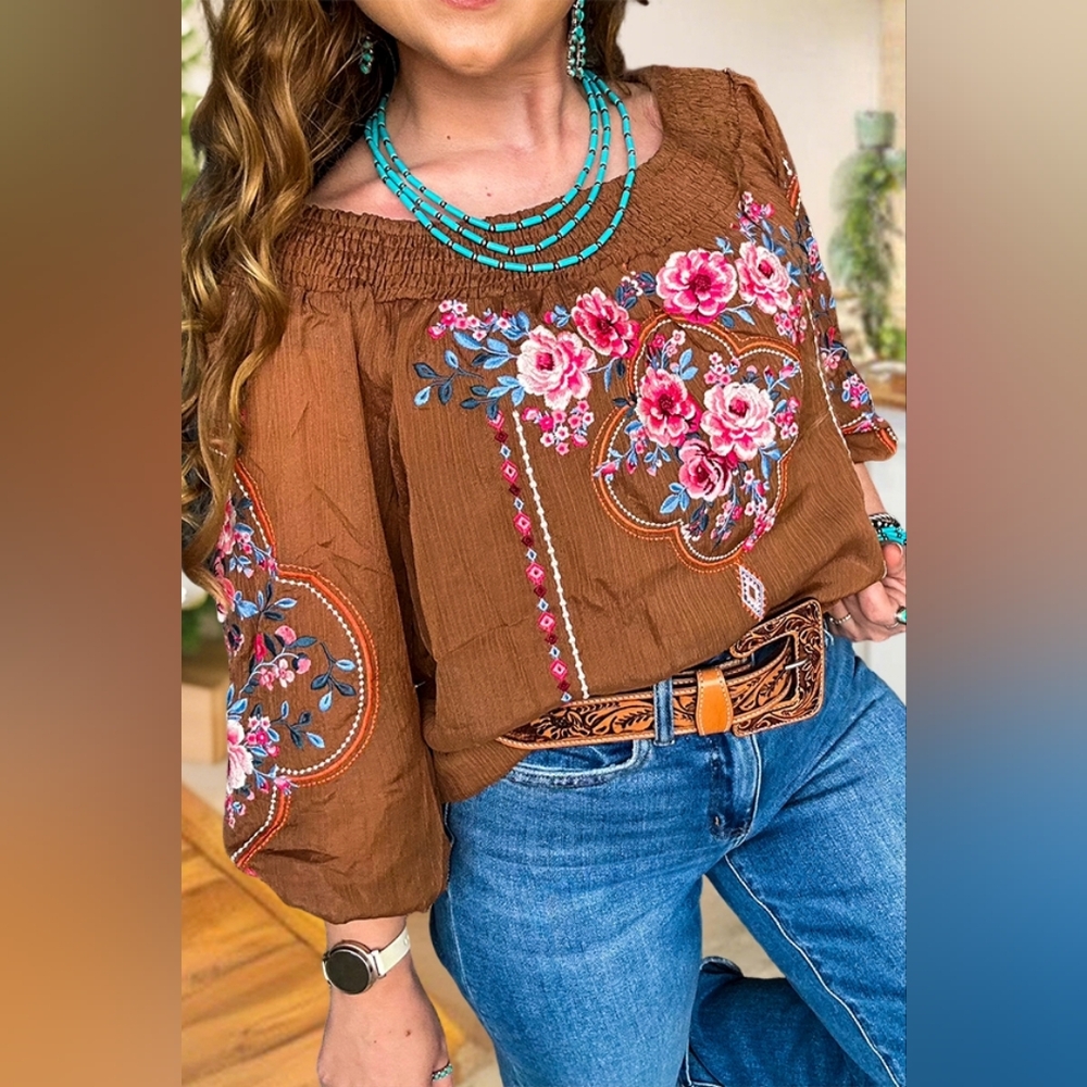 Savanna Jane Brown Off-Shoulder Floral Embroidered Tunic